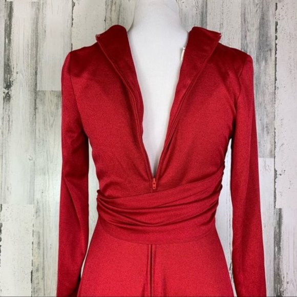 Vintage 70s Bright Red Faux Wrap Midi Dress - Picture 10 of 12